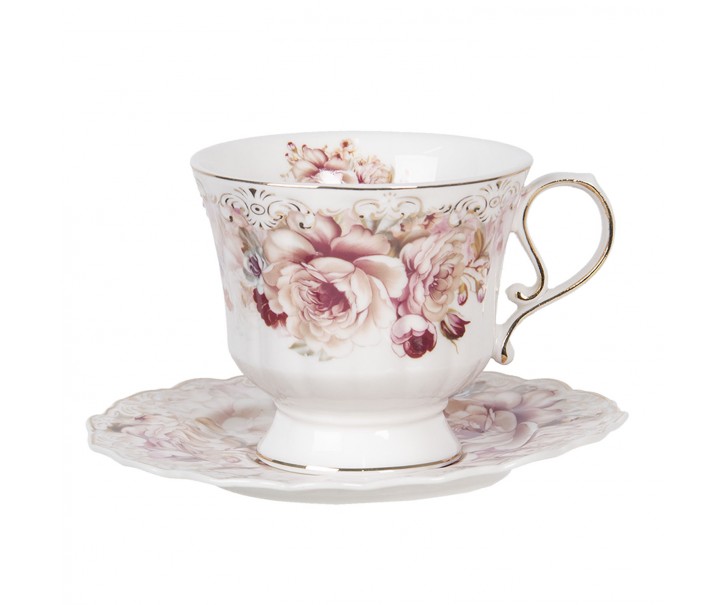 Porcelánový květovaný šálek s podšálkem - 12*9*8 / Ø 15*1 cm / 0.2L