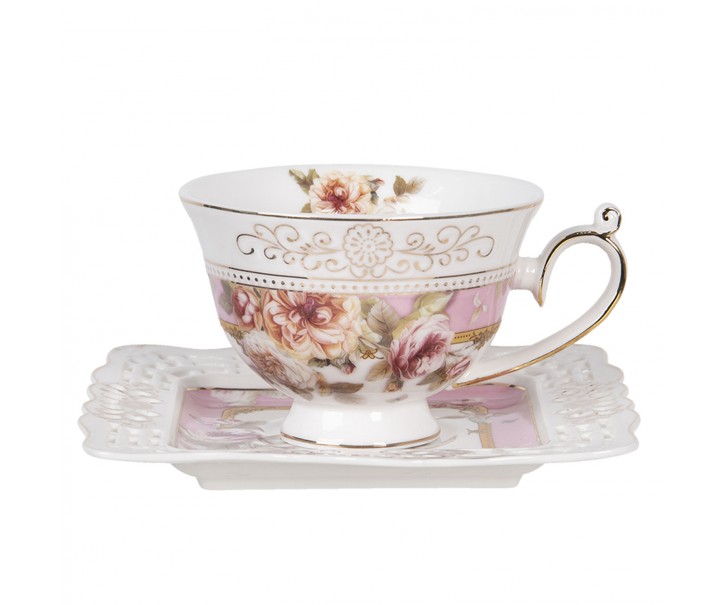 Porcelánový květovaný šálek s hranatým podšálkem - 12*10*7 / 15*15*2 cm / 0.2L