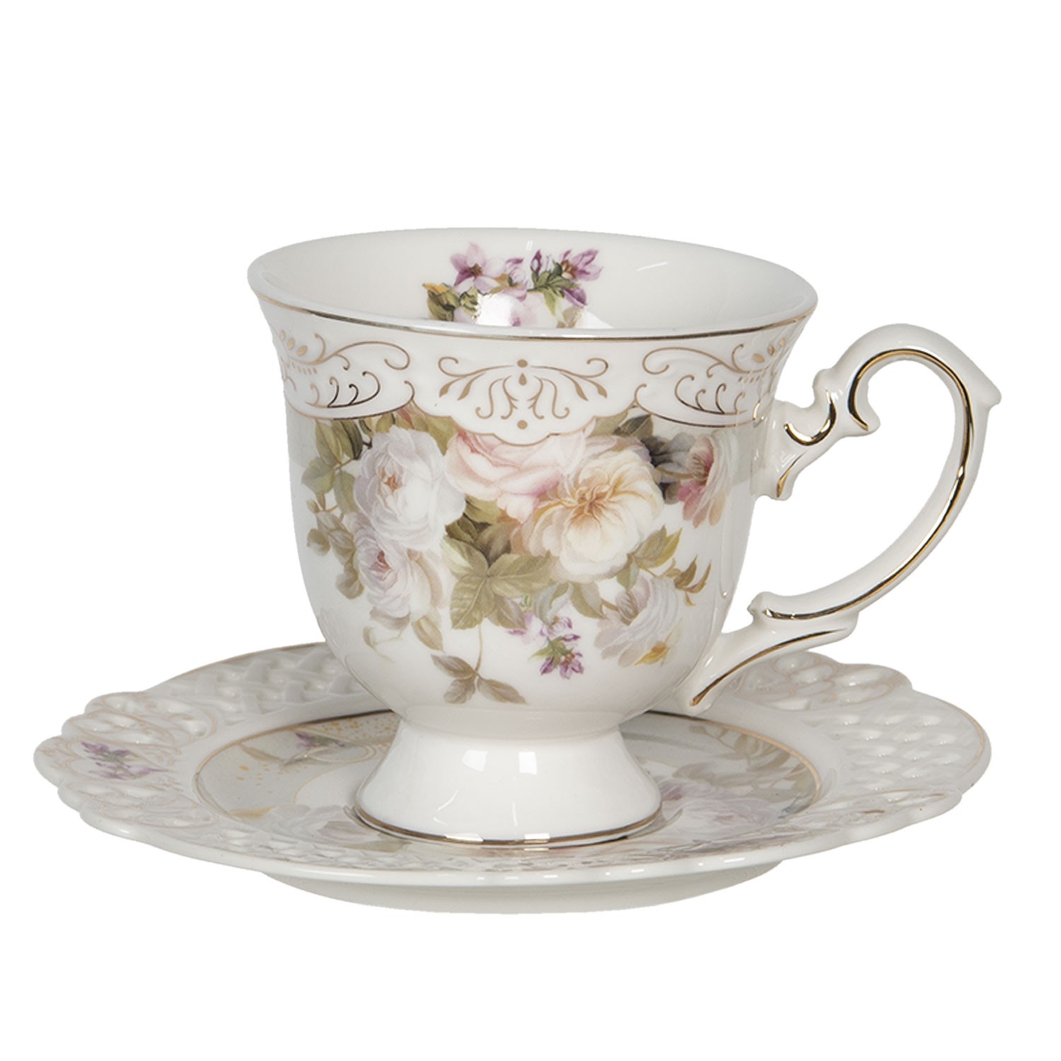 Porcelánový šálek s podšálkem s květinovým motivem – 12*9*9 / Ø 14*1 cm / 0.2L  Clayre & Eef