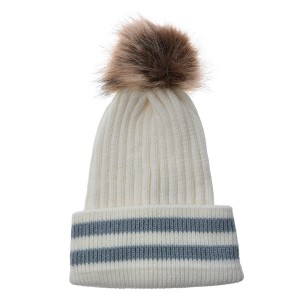 Bílá čepice s šedými pruhy a hnědou bambulí - 20 cm