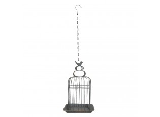 Kovová dekorativní závěsná šedá klec s ptáčkem a patinou - 27*27*46 cm