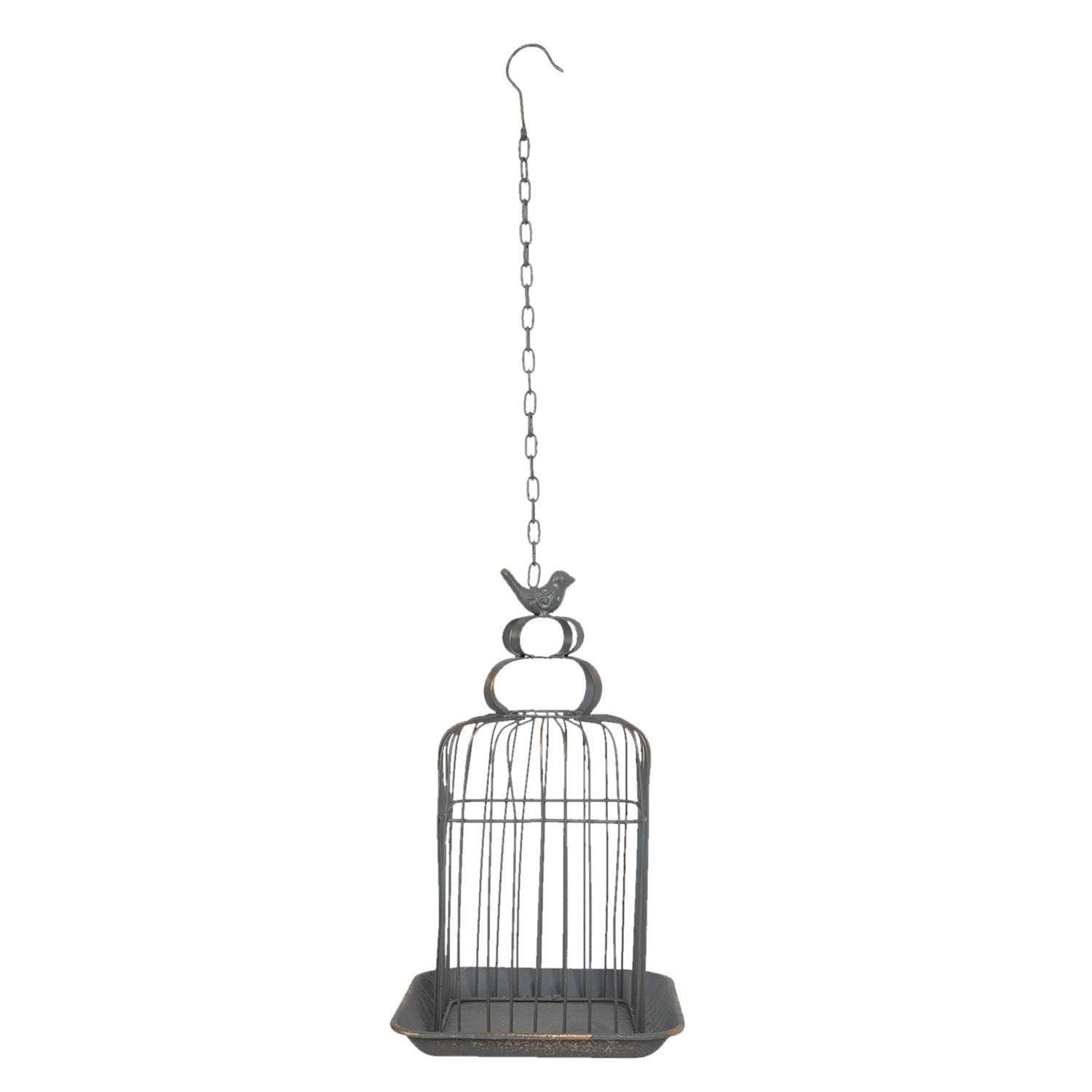 Kovová dekorativní závěsná šedá klec s ptáčkem a patinou - 27*27*46 cm 6Y3925