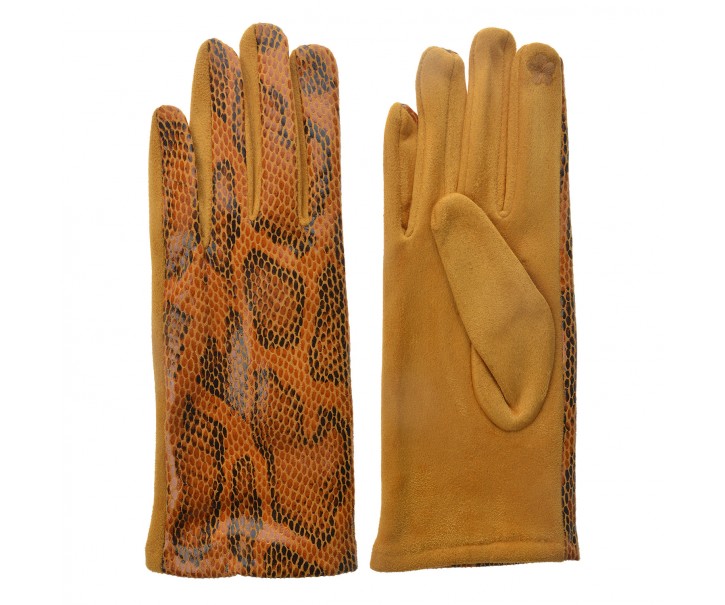 Okrové rukavice v imitaci hadí kůže - 9*24 cm
