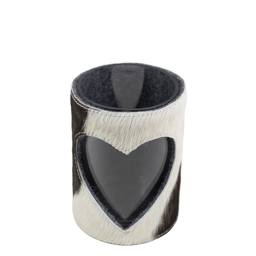 Svícen Srdce z hovězí kůže bílo černá M 15cm - 11,5*11,5*15,5cm