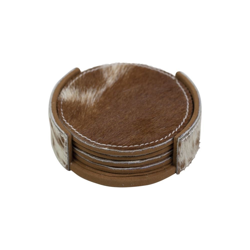 4ks hnědo bílých kulatých podtácků ve stojánku z hovězí kůže - 11*11*3cm/10*10*0,5cm