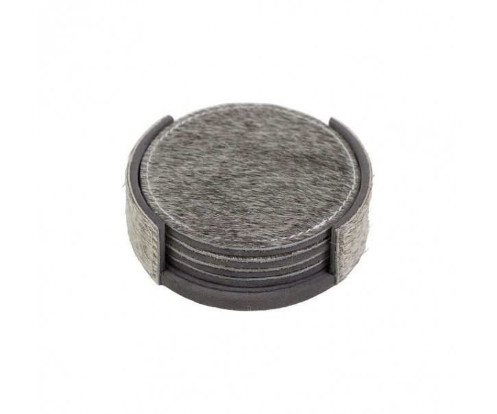 4ks šedých kulatých podtácků ve stojánku z hovězí kůže - 11*11*3cm/10*10*0,5cm 
