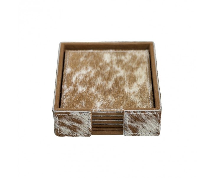 4 ks hnědo bílých hranatých podtácků z hovězí kůže - 12*12*3cm/10,5*10,5*0,5cm