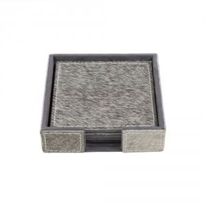 4 ks šedých hranatých podtácků z hovězí kůže - 12*12*3cm/10,5*10,5*0,5cm
