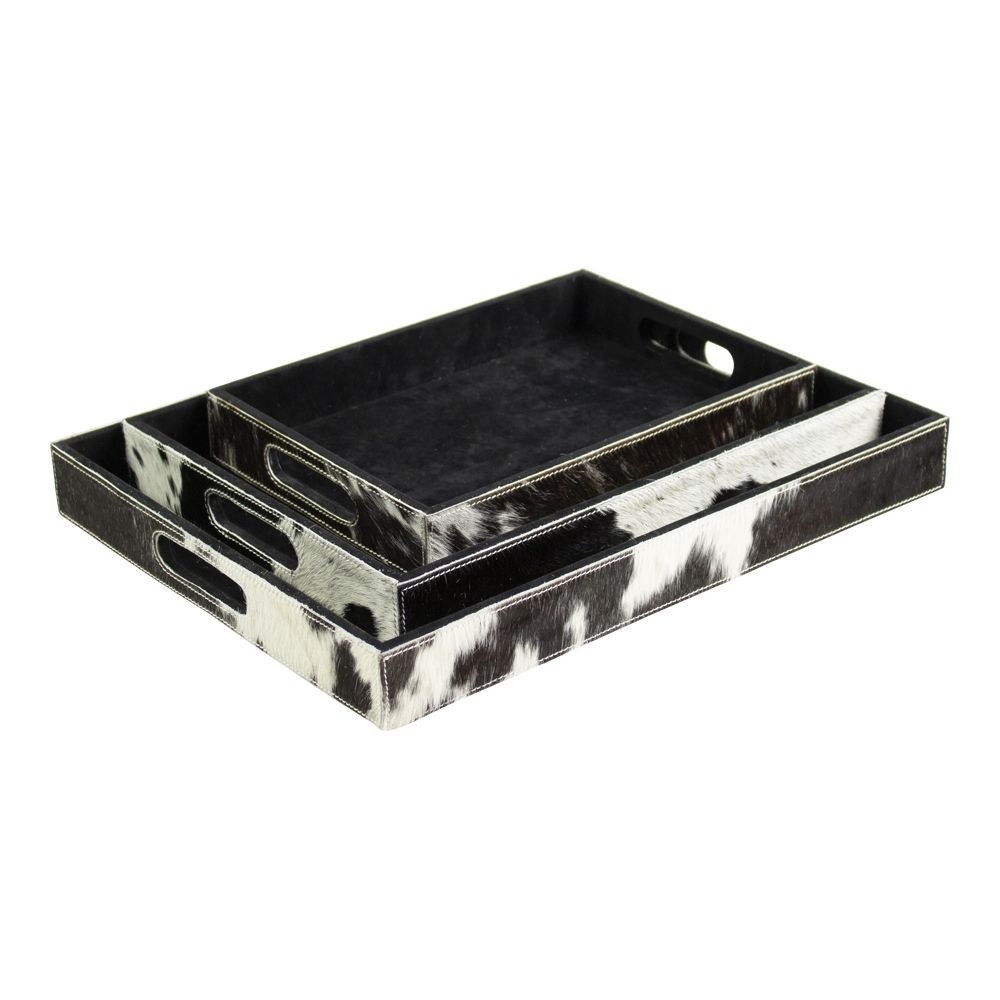 Sada 3ks servírovací podnosy s hovězí kůží černá / bílá - 46*36,5*5cm/40,5*30,5*5cm/33,5*24,5*5cm
