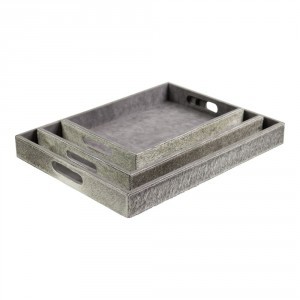 Sada 3ks servírovací podnosy s hovězí kůží šedá - 46*36,5*5cm/40,5*30,5*5cm/33,5*24,5*5cm