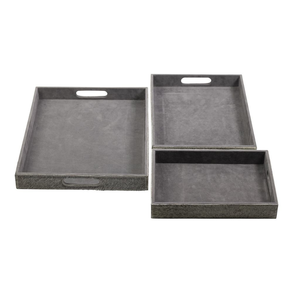 Sada 3ks servírovací podnosy s hovězí kůží šedá - 46*36,5*5cm/40,5*30,5*5cm/33,5*24,5*5cm