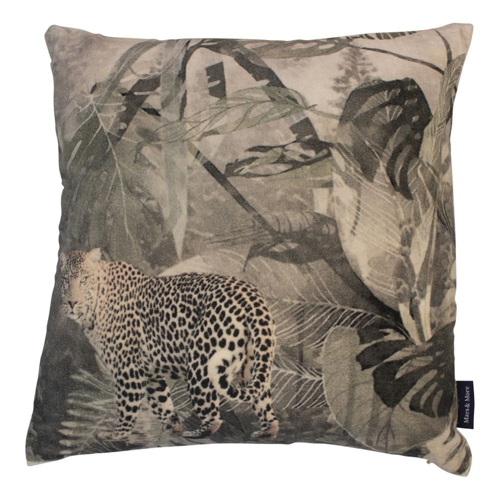 Sametový hnědý polštář s leopardem v džungli - 45*45*15cm Mars & More