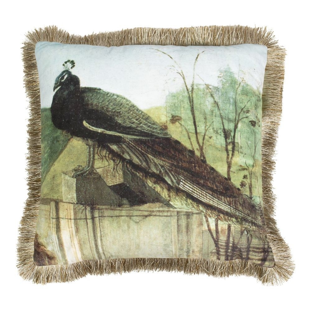 Sametový polštář s pávem a zlatými třásněmi - 45*45*10cm