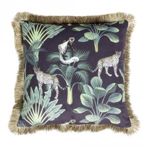 Černý sametový polštář s třásněmi Jungle - 45*45*10cm