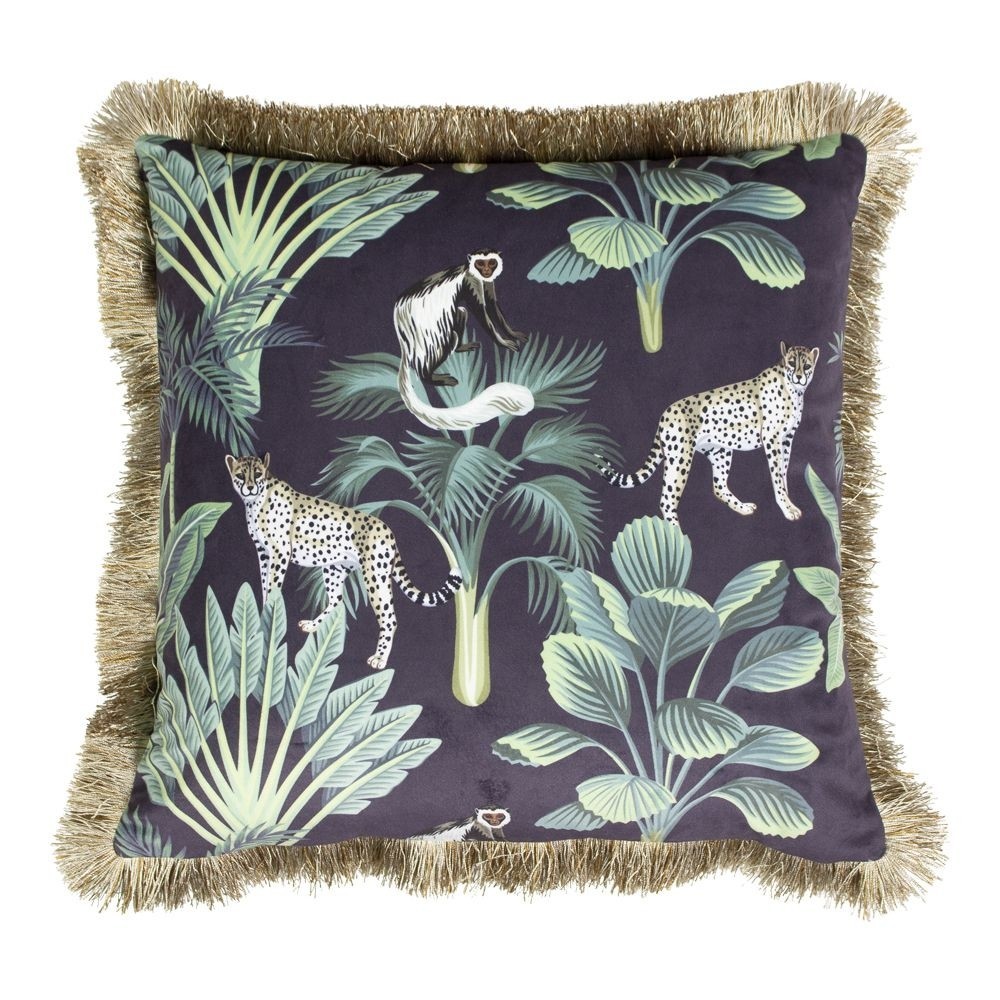 Černý sametový polštář s třásněmi Jungle - 45*45*10cm