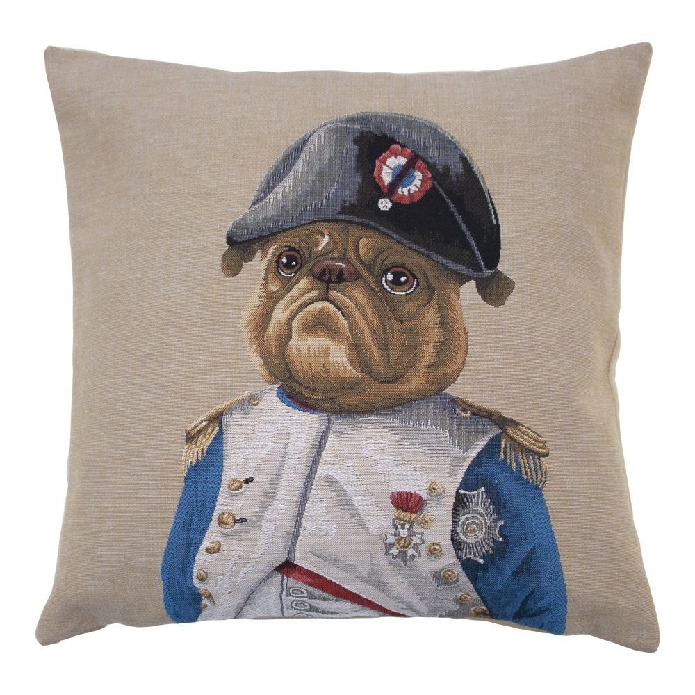 Béžový gobelínový polštář s motivem Buldočka v napoleonské uniformě - 45*15*45cm