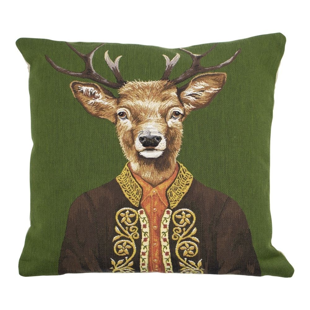 Zelený gobelínový polštář s jelenem v obleku - 45*15*45cm