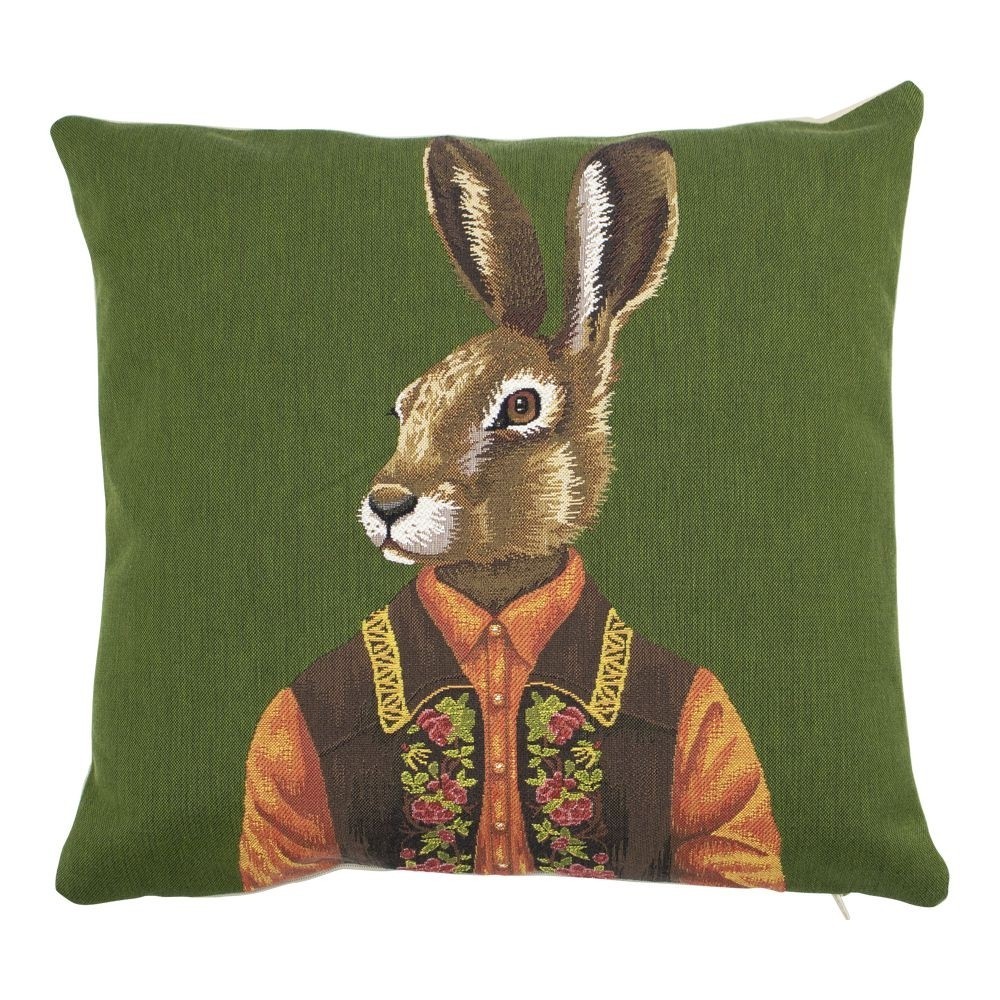 Zelený gobelínový polštář se zajícem ve vestě - 45*15*45cm
