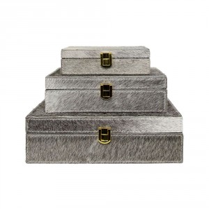 Šedý Bijoux box z hovězí kůže (sada 3ks) - 25,5*25,5*8cm
