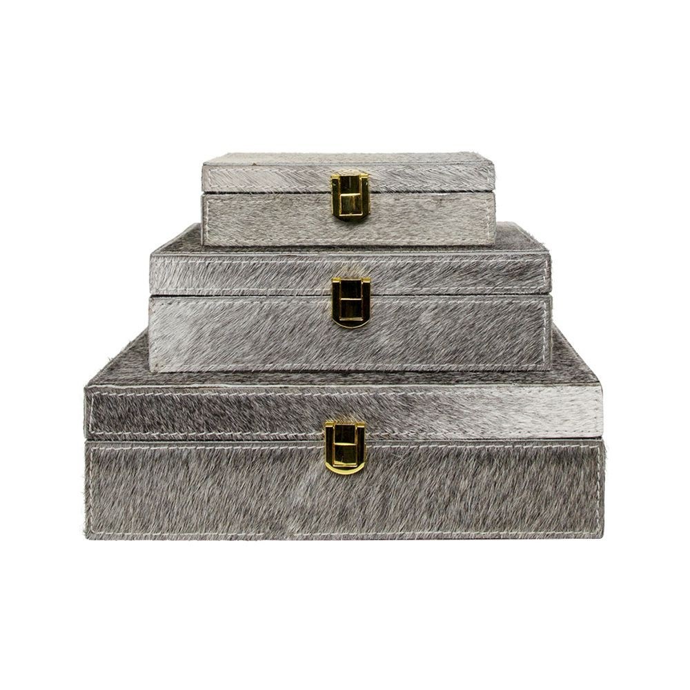 Šedý Bijoux box z hovězí kůže (sada 3ks) - 25,5*25,5*8cm