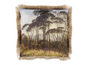 Čtvercový sametový polštář s motivem přírody a vysokých borovic s třásněmi - 45*45*10 cm
