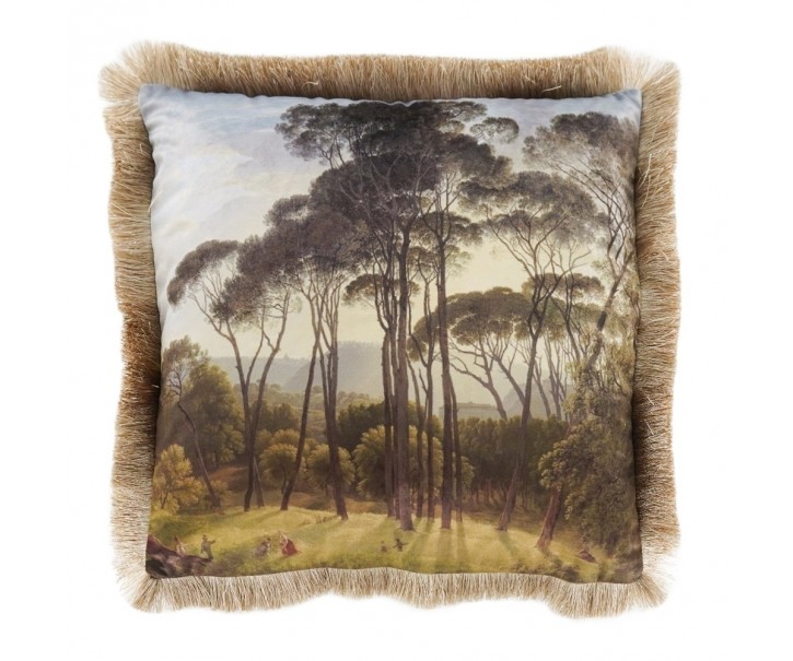 Čtvercový sametový polštář s motivem přírody a vysokých borovic s třásněmi - 45*45*10 cm