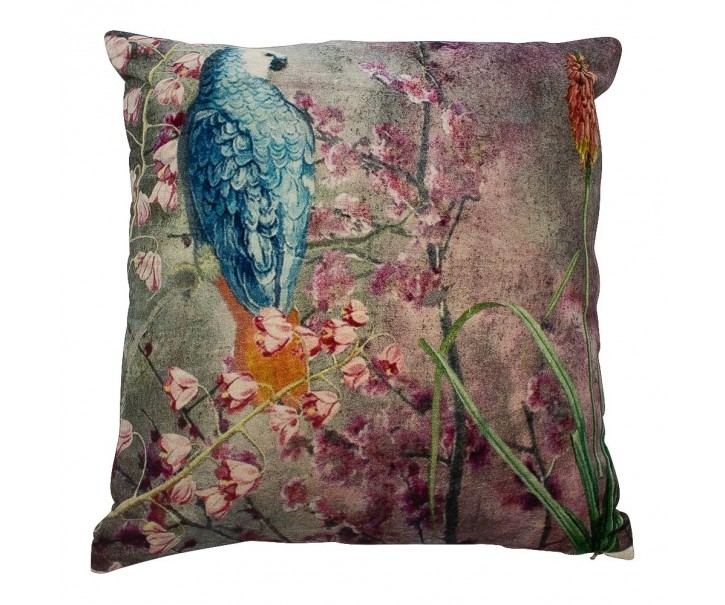 Modro- růžový sametový polštář okouzlující papoušek - 45*45*15cm