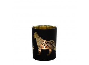 Černo zlatý skleněný svícen s jaguárem S - 7*7*8cm
