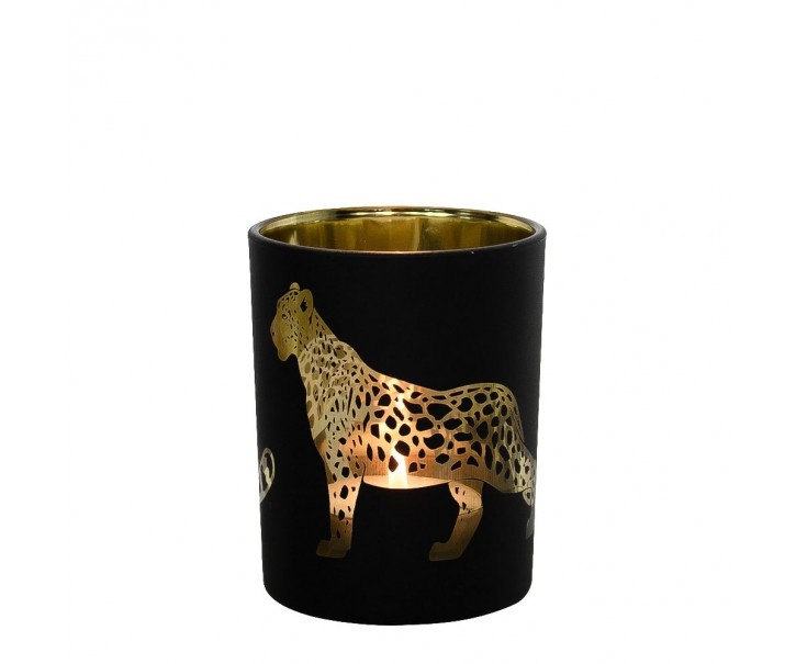 Černo zlatý skleněný svícen s jaguárem M - 8*8*10cm