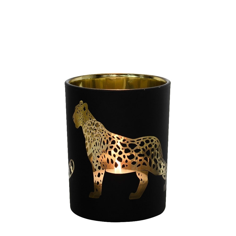Černo zlatý skleněný svícen s jaguárem M - 8*8*10cm Mars & More