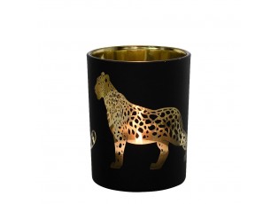 Černo zlatý skleněný svícen s jaguárem L - 10*10*12cm