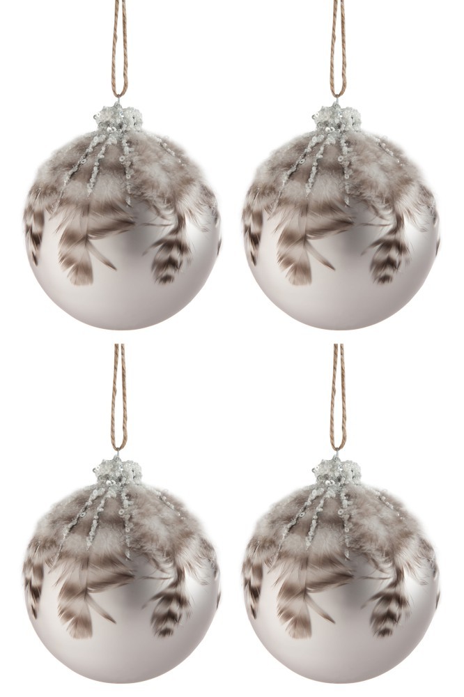 Levně 4ks vánoční šedá skleněná ozdoba s peříčky L - Ø 10 cm 76262