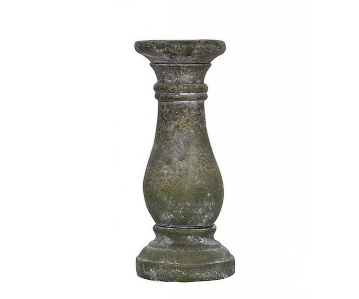 Šedý cementový svícen se zelenou patinou - Ø 8*18cm