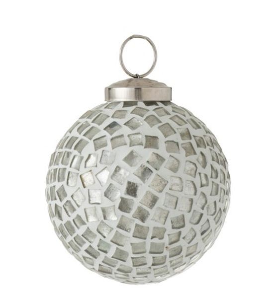 Stříbrno - bílá skleněná ozdoba koule Mosaic - Ø 7cm J-Line by Jolipa