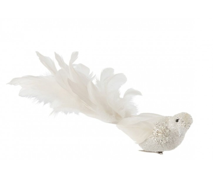 Bílá třpytivá ozdoba ptáček s peříčky - 27*7*12cm 