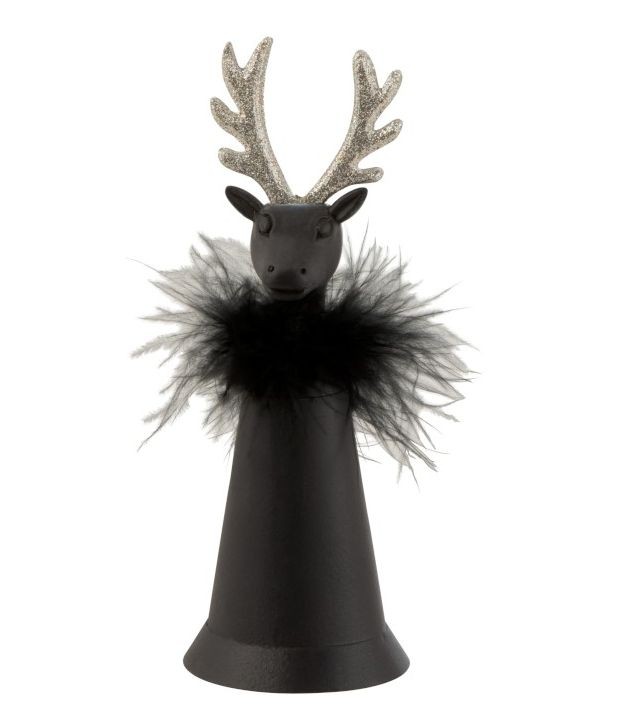 Černý plechový zvonek s peříčky a hlavou jelena - Ø 7*18 cm J-Line by Jolipa