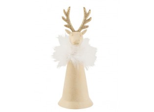 Zlatý plechový zvonek s peříčky a hlavou jelena - Ø 7*18 cm