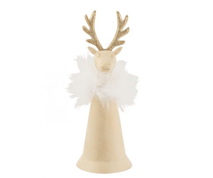 Zlatý plechový zvonek s peříčky a hlavou jelena - Ø 7*18 cm
