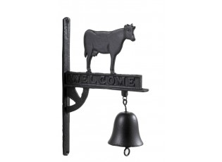 Černý litinový zvonek na dveře s krávou Welcome - 23*2,5*35 cm