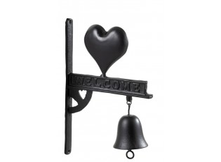 Černý litinový zvonek na dveře se srdcem Welcome - 23*2,5*35 cm