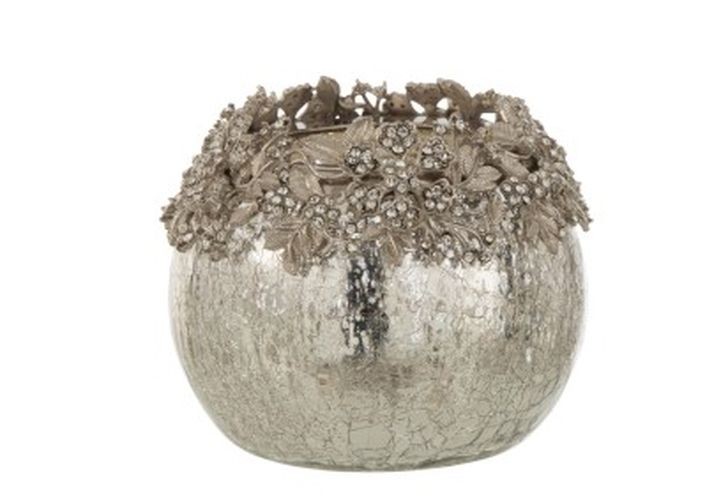 Skleněný svicen na čajovou svíčku se stříbrným zdobením a kamínky Luxy - Ø  8*11cm J-Line by Jolipa