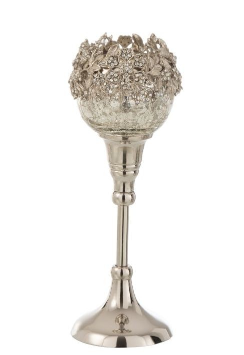 Skleněný svicen na nožičce se stříbrným zdobením a kamínky Luxy - Ø 10*24cm