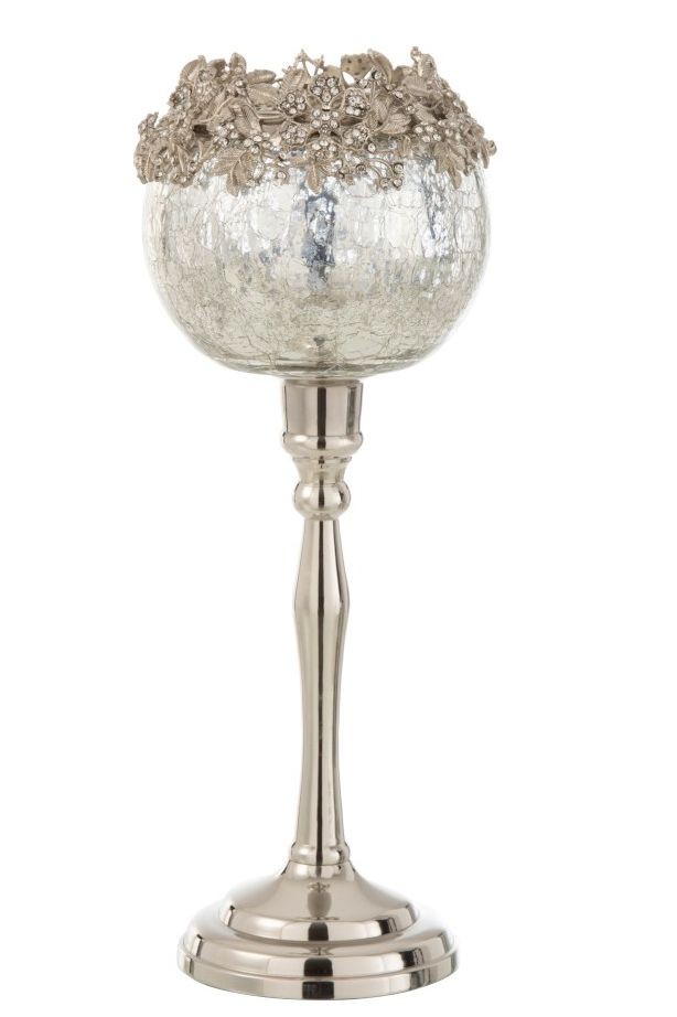 Skleněný svicen na nožičce se stříbrným zdobením a kamínky Luxy - Ø  12*33 cm J-Line by Jolipa
