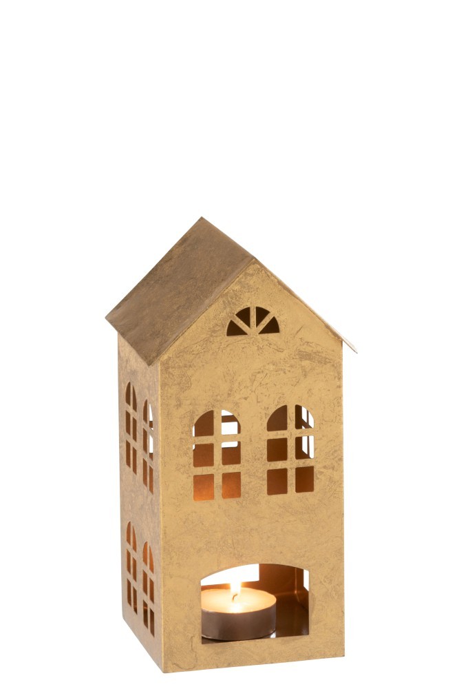 Zlatý kovový domeček na čajovou svíčku - 15*14*28cm
