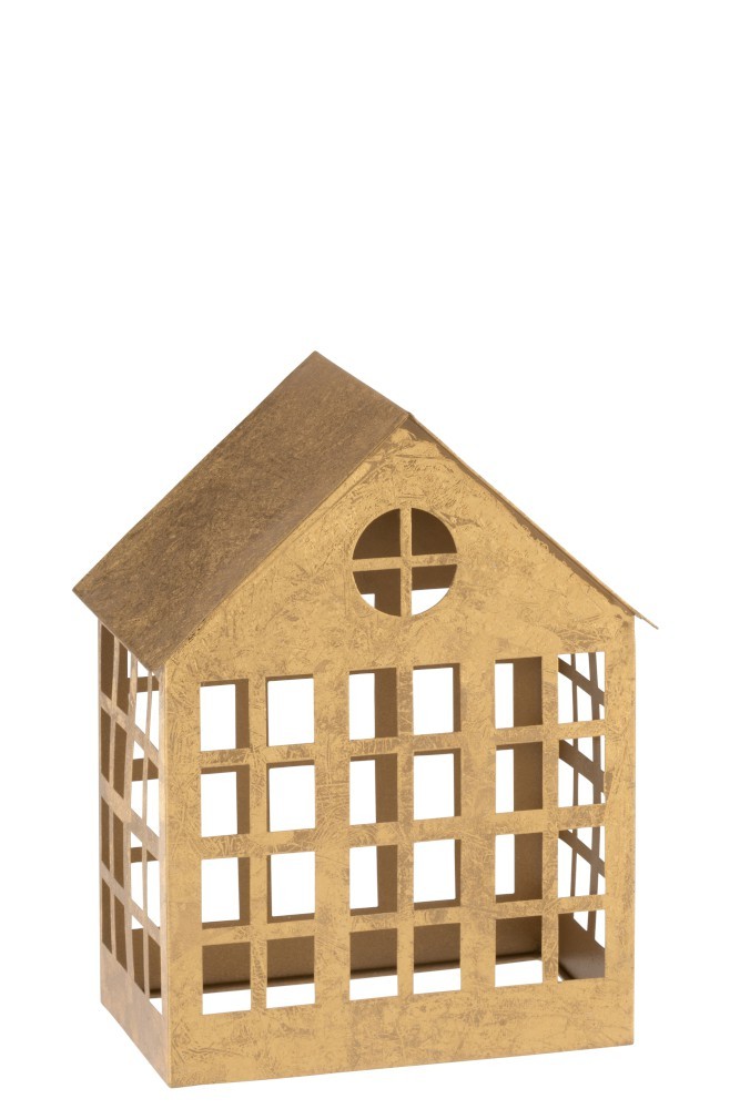 Zlatý antik kovový domek na svíčku - 22*14*28cm