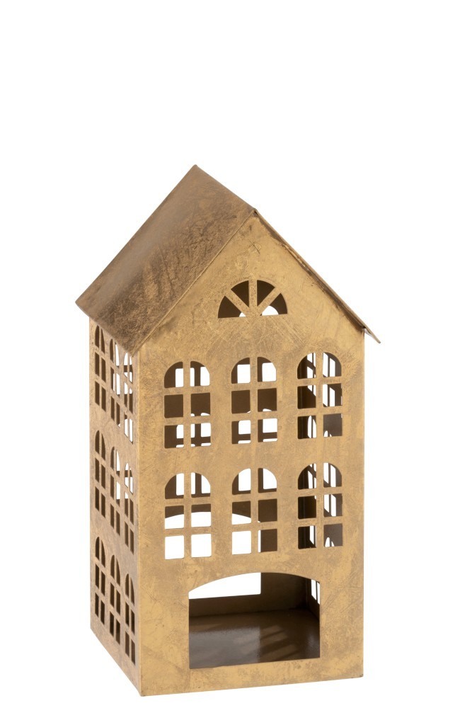 Zlatý kovový domeček na čajovou svíčku - 17*17*32cm