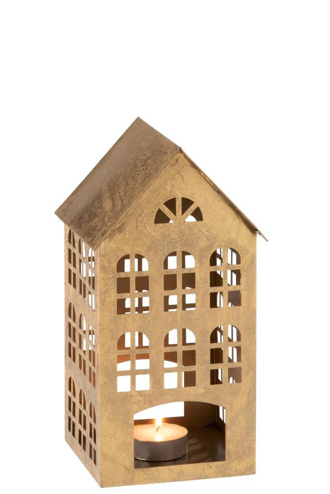 Zlatý kovový domeček na čajovou svíčku - 17*17*32cm