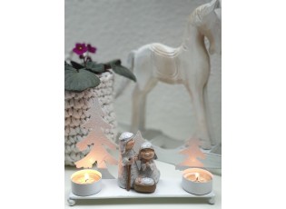 Bílý kovový svícen na čajové svíčky se svatou rodinou - 20*5*14cm