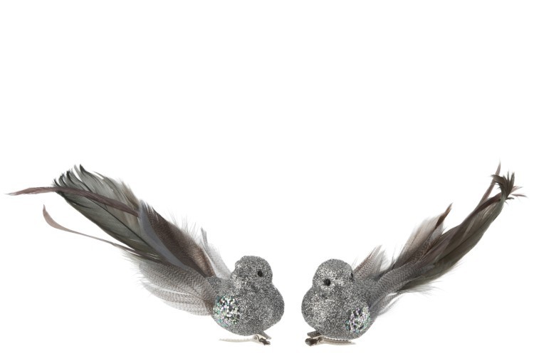 2ks šedá třpytivá ozdoba ptáček s peříčky  - 15*7*5cm  J-Line by Jolipa