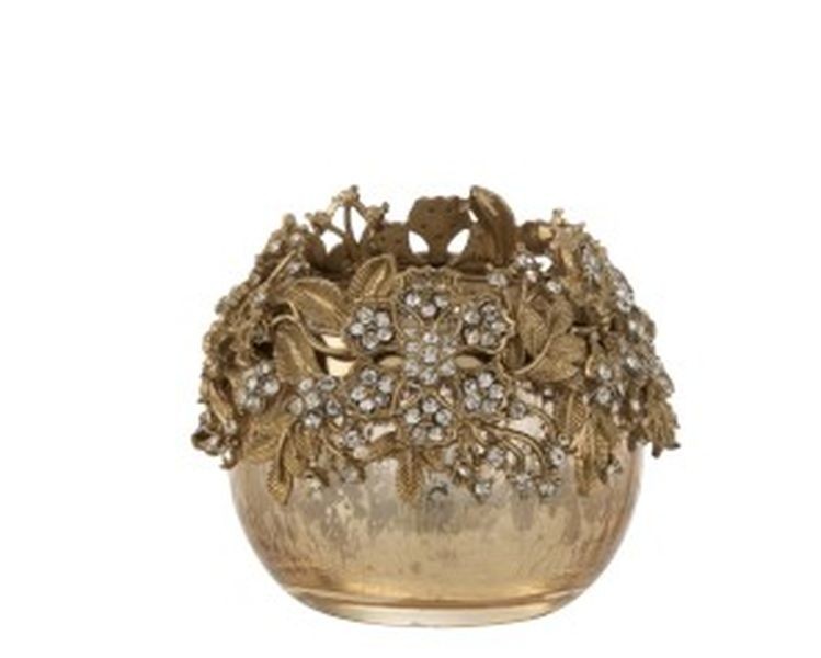 Zlatý svicen na čajovou svíčku se zdobením a kamínky Luxy - Ø  8*8cm J-Line by Jolipa